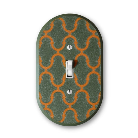 Lellume Mid Century Collection #4 switch plate with olive green and orange geometric pattern
