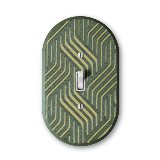Lellume Mid Century Collection #5 light switch plate in olive green with gold geometric patterns